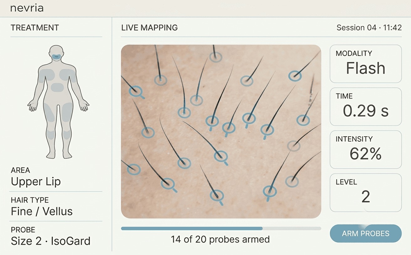 The Nevria Array touchscreen showing a live follicle map of an upper lip, each detected hair ringed in ice-blue, with 14 of 20 probes armed.