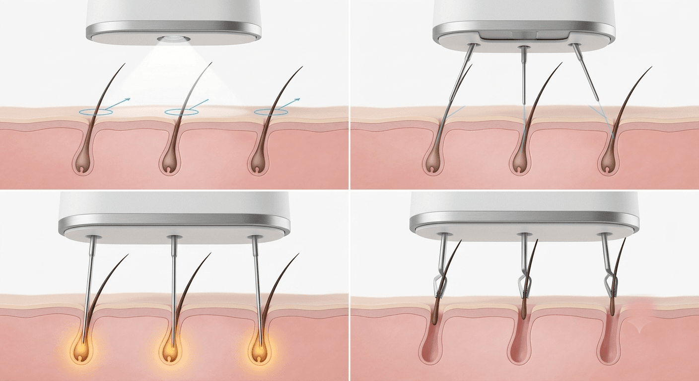 A four-panel cross-section: scanning, orienting probes to each follicle angle, treating the papilla, and extracting the hair.
