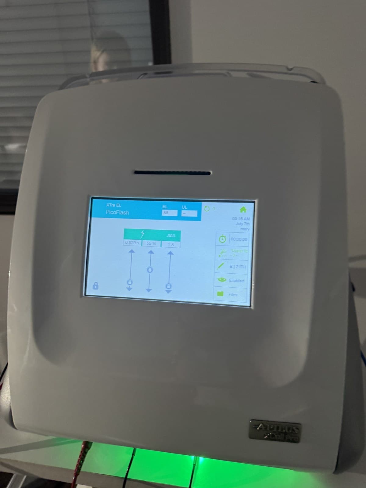 The Apilus PicoFlash flash-thermolysis settings screen showing a 0.029-second flash.