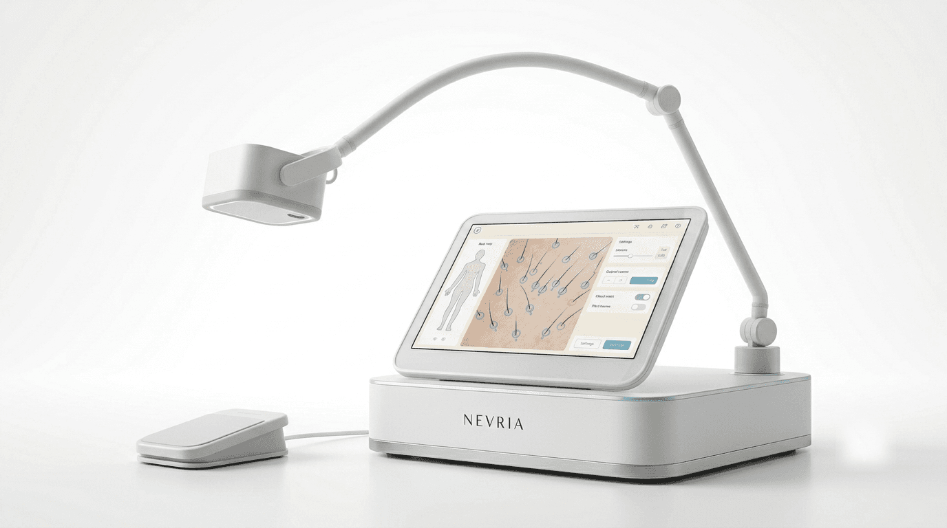 The complete Nevria Array system — an articulated arm and pod, a touchscreen showing a live follicle map, a footswitch, and an engraved NEVRIA base.